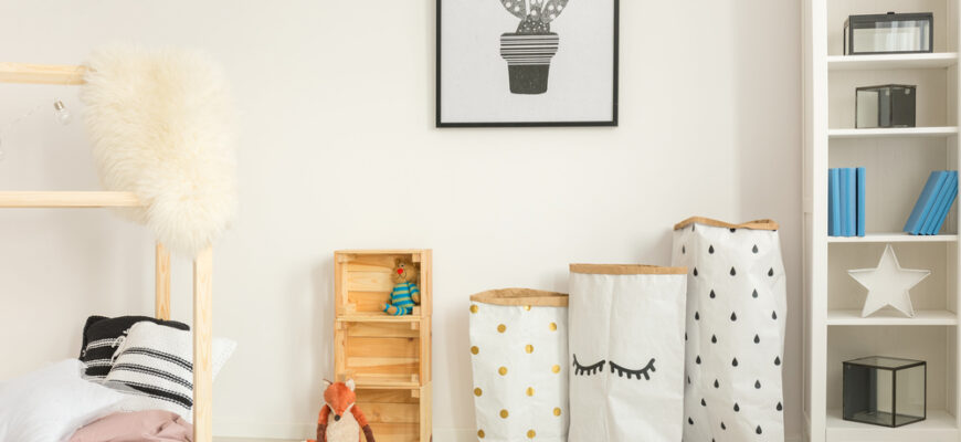Functional,,Modern,Child,Bedroom,With,Bed,,Bookcase,,Storage,Bags